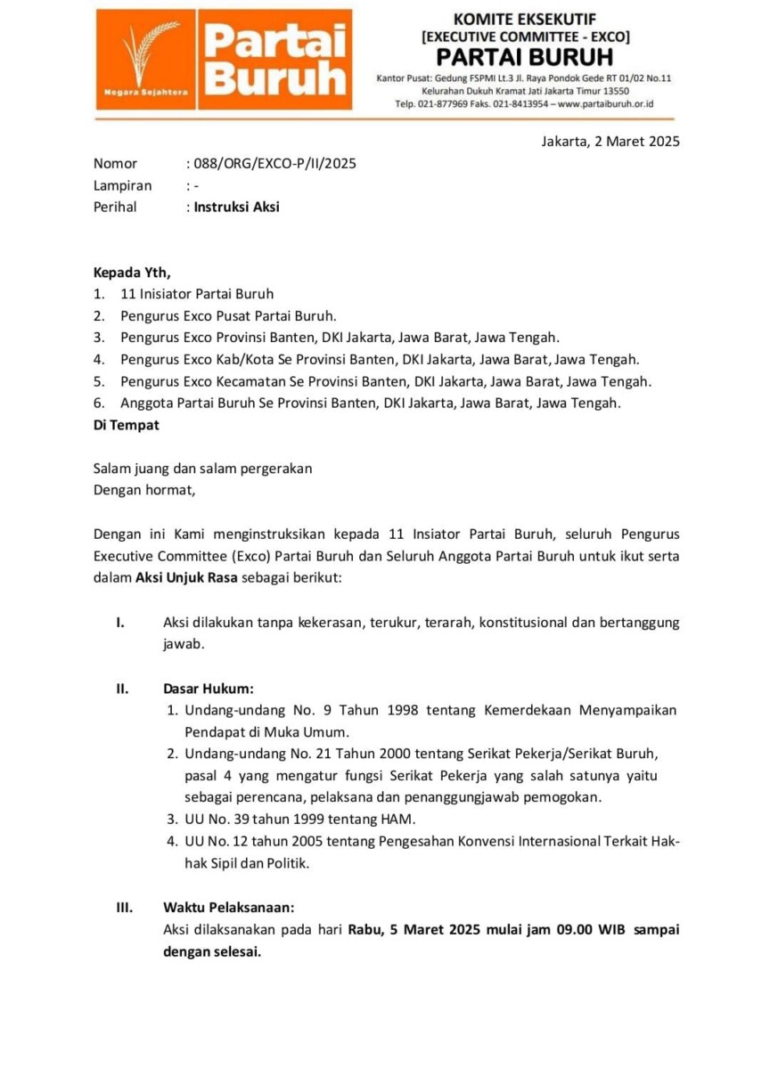 Partai Buruh Akan Gelar Aksi Demo di Jakarta dan Jawa Tengah pada 5 Maret 2025