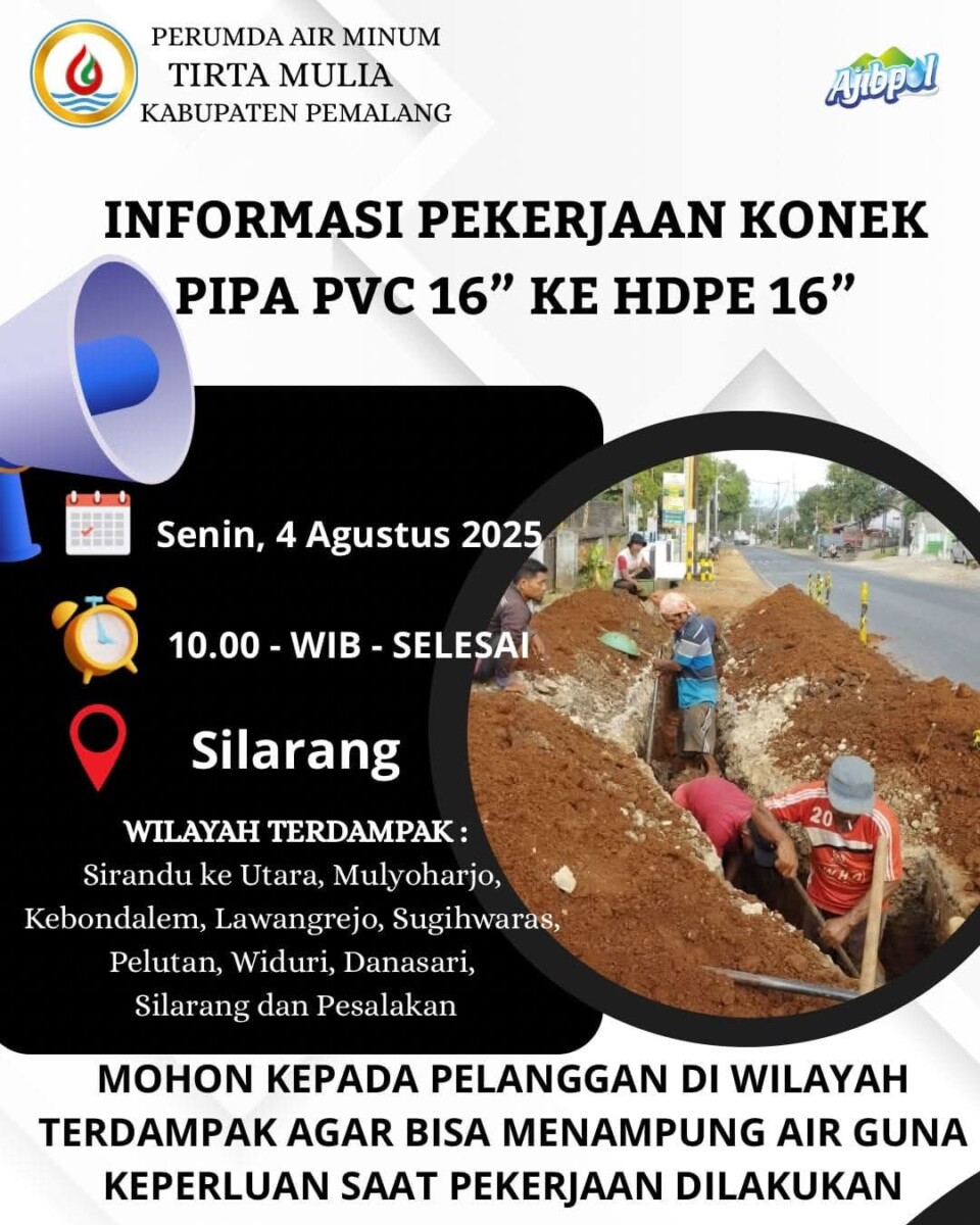 Warga Pemalang Siap-siap! PDAM Ganti Pipa, Pasokan Air Terganggu