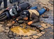 Waduh! Hantam Lubang Jalan, Pengendara Motor Kritis di Cikarang Utara