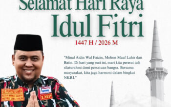 Adi Prayitno SH MKN Ketua Markas Daerah Laskar Merah Putih Jawa Tengah mengucapkan Selamat Hari Raya Idul Fitri 1447 H 2026 M dengan latar belakang masjid dan logo LMP
