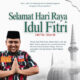 Adi Prayitno SH MKN Ketua Markas Daerah Laskar Merah Putih Jawa Tengah mengucapkan Selamat Hari Raya Idul Fitri 1447 H 2026 M dengan latar belakang masjid dan logo LMP
