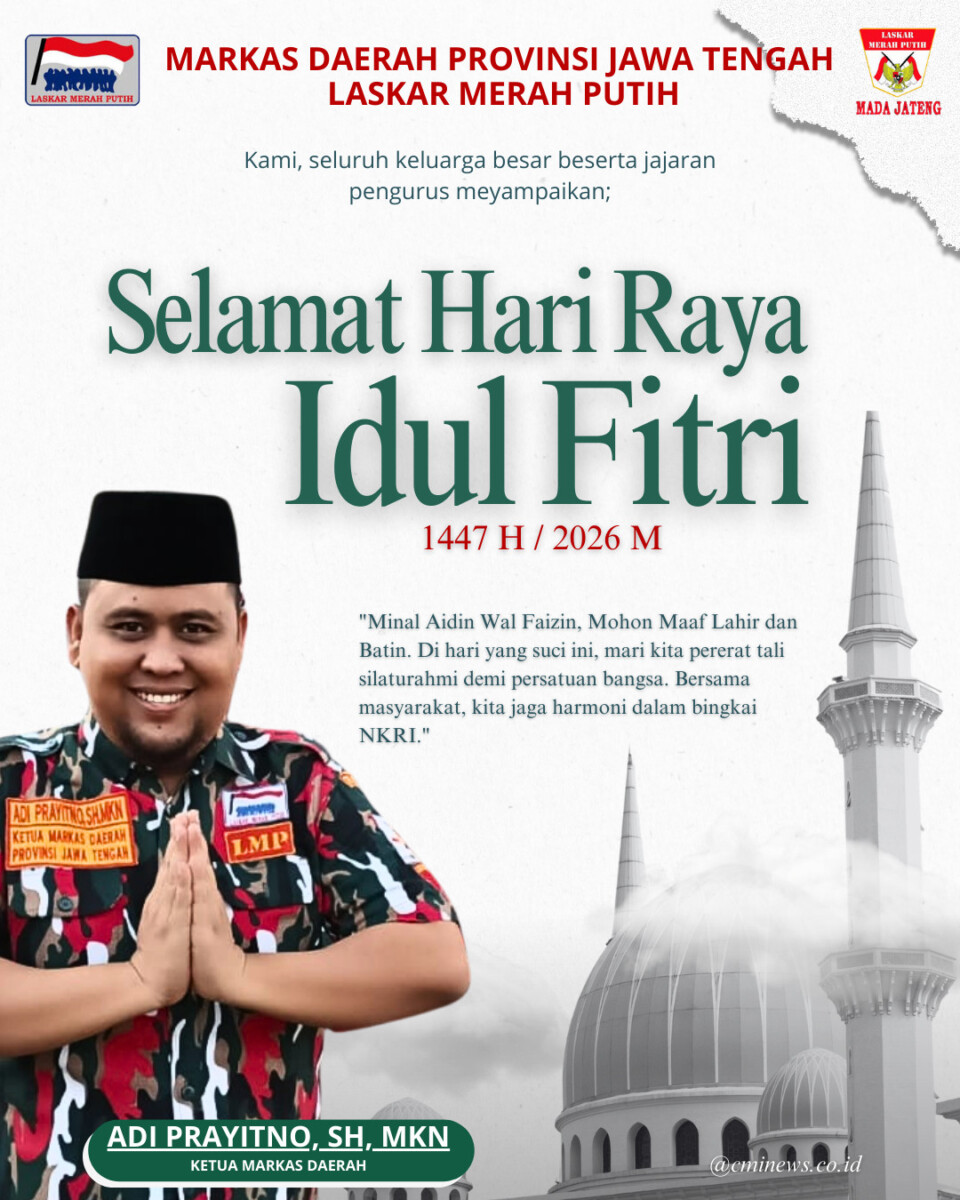 Adi Prayitno SH MKN Ketua Markas Daerah Laskar Merah Putih Jawa Tengah mengucapkan Selamat Hari Raya Idul Fitri 1447 H 2026 M dengan latar belakang masjid dan logo LMP