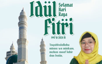 Poster Ucapan Selamat Hari Raya Idul Fitri 1447 H SMP Negeri 1 Belik Kabupaten Pemalang oleh Kepala Sekolah Indah Palupi S.Si M.Pd bersama jajaran guru dan staf