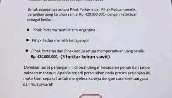 Viral Taruhan Final Piala Dunia 2026 Senilai Rp420 Juta, Kebun Sawit 3 Hektar Jadi Jaminan
